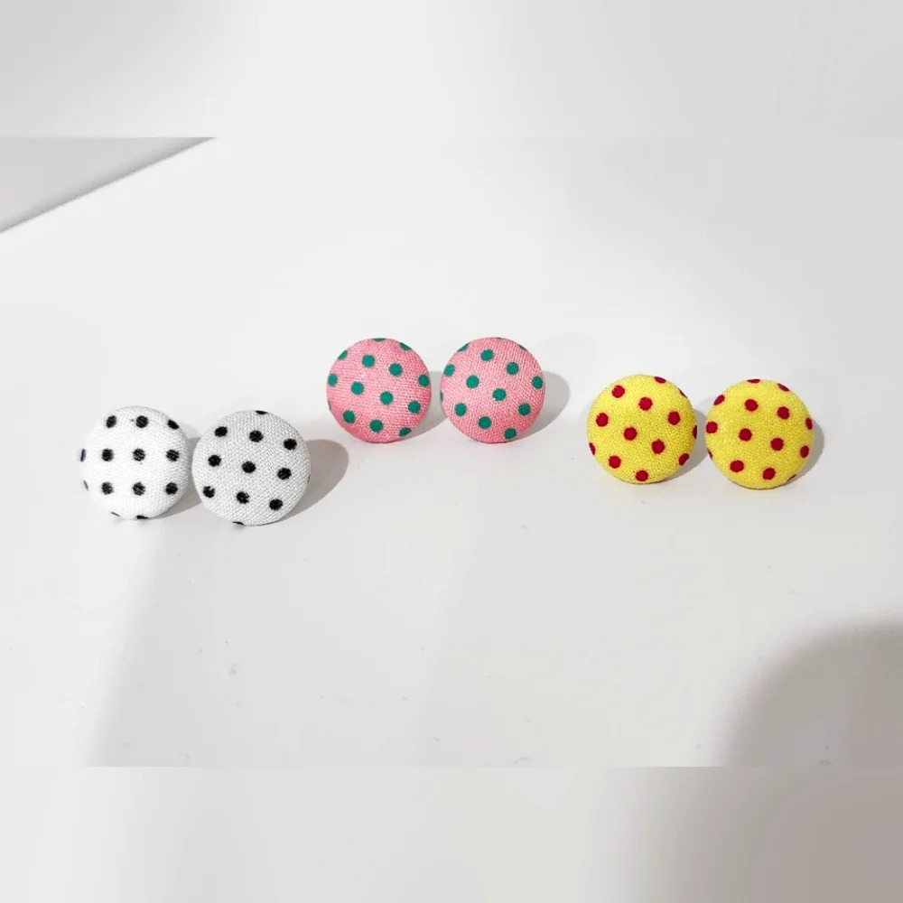 Cute Fabric Covered Button Earrings Lot of 3 PolkaDot Stud (White, Pink, Yellow)